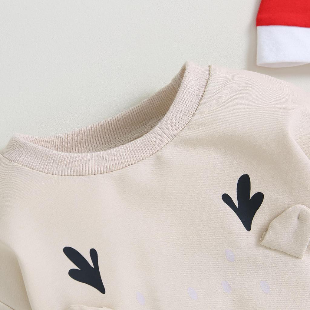 Рождественский наряд для малыша, комбинезон с круглым вырезом и принтом лося с длинными рукавами и шляпой, комплект из двух предметов для мальчиков и девочек