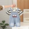 Boys' Suit Children's Striped Short Sleeved T-shirt Denim Overalls Two-piece Set Baby Cartoon Clothes
