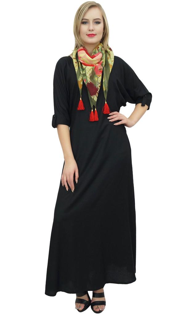 Bimba Women's Boho Black Maxi Dress With Tassel Scarf Designer Summer