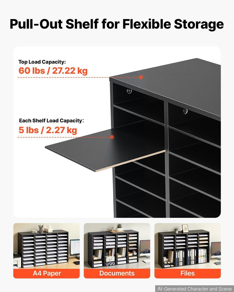 Wood Literature Organizer 36 Compartments Office Mailboxes Black, Countertop Literature Sorter for Files Documents Papers, with Adjustable Shelves,