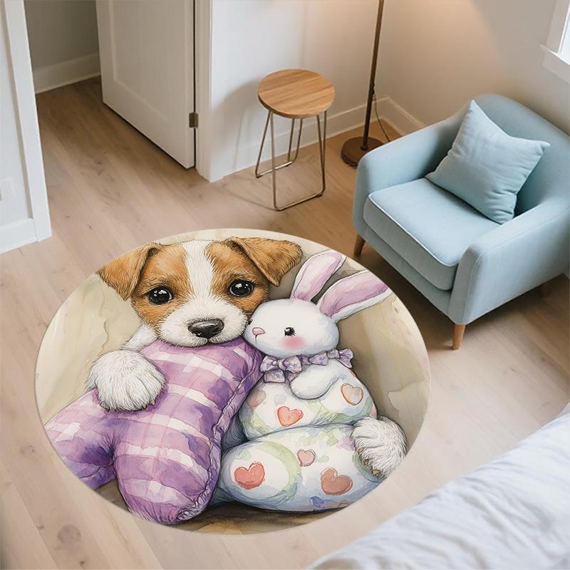 Plush Puppy,Round Area Rug,Carpet Rug for Living Room Bedroom Sofa Playroom Decor,Non-slip Floor Mat