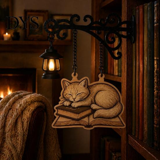 Cat Decor for Book Lovers Vintage Bookshelf Light with Sleeping on Design, Retro Lantern Unique Craft Gifts Students Lamp Reading, Decorative