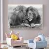 Львы, прижавшиеся друг к другу, настенные художественные картины на холсте, черно-белые художественные постеры с животными, картины современного искусства для домашнего декора, фон