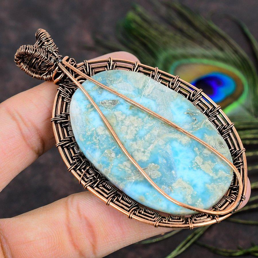 Подарочный кулон в обертке из медной проволоки с натуральным карибским драгоценным камнем Ларимар 3,62 c5a72