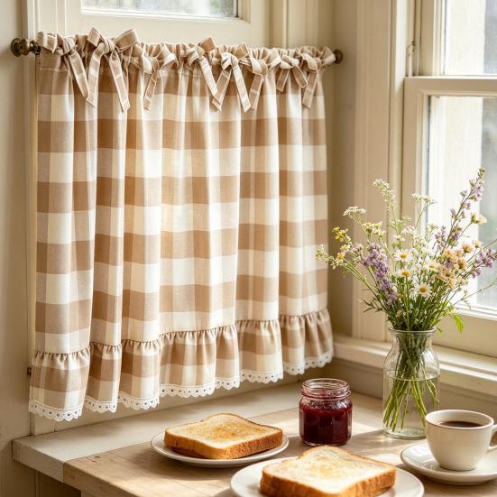 Kitchen Window Curtains Buffalo Check Valance, Ruffled Valance Curtain with Lace Trim And Bows, Polyester Cotton Light Filtering Rod Pocket for Living