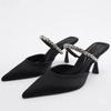 Summer High Heeled Mules Shoes for Women Beige Black Suede Shiny Diamond Chain Sexy Pointed Toe Party Sandals Slingbacks