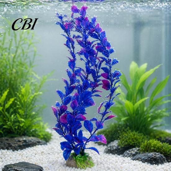Ornamental Fish Tank Plants Artificial Water Plant, Aquarium Decoration, Purple Blue Gradient Color Flexible Plastic Leaves, Safe Ornament for