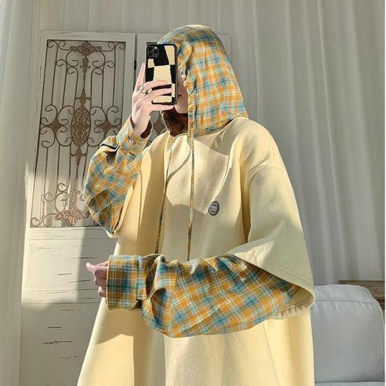 Мужская весенняя рубашка, дышащая искусственная двухсекционная свободная пуловер с длинными рукавами, теплая мужская осенняя рубашка с капюшоном и шнурком средней длины, мужская одежда