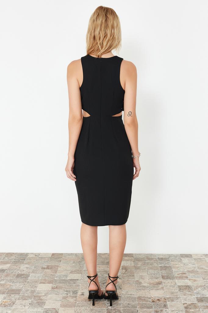Women's Fashion New Dress Black Fitted Cut Out Detailed Sleeveless Midi Woven Dress