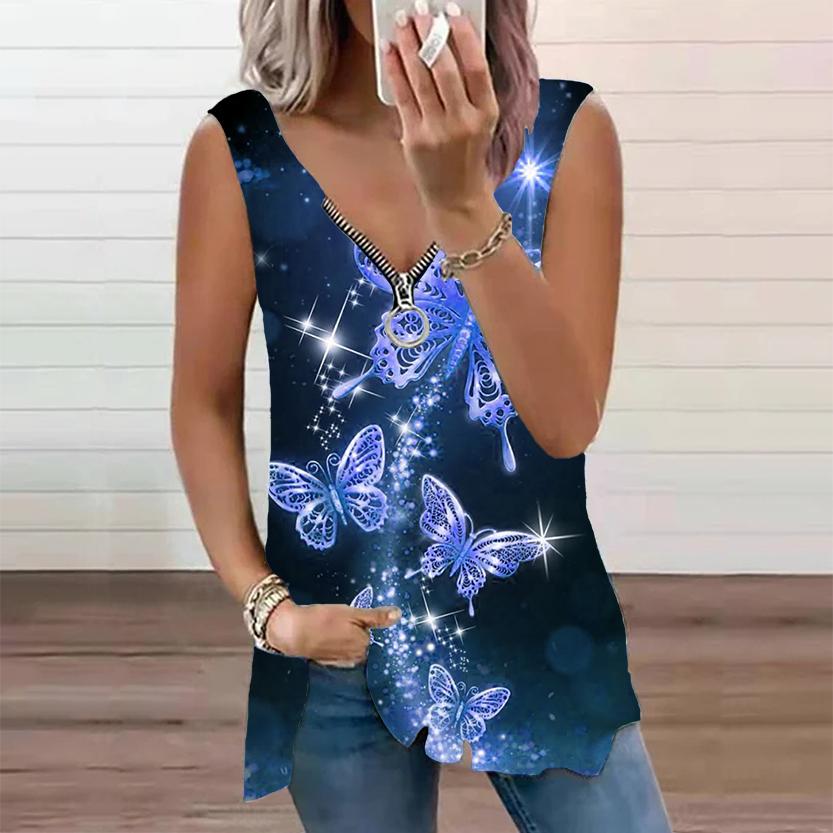 Женский топ, летний новый модный повседневный топ с золотым принтом бабочки размера плюс, топ без рукавов на молнии с v-образным вырезом, майка