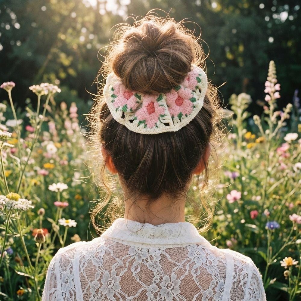 Bohemian Style Knitted Hair Rope Flores Ponytail Hair Band Crocheted Flower Scrunchies Women