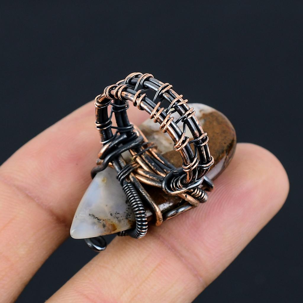 Кольцо из натуральной императорской яшмы ручной работы из медной проволоки, размер 6,5 i7d10
