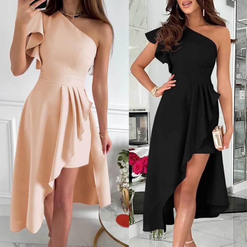 Womens Solid Color Simple Evening Dress Slant Neck Party Cocktail