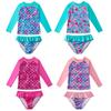Girls' Two-Piece Split Swimsuit Sweet Long Sleeve Cartoon Fish Scale Print Pullover With Ruffle Briefs Swimwear Set Beach Wear