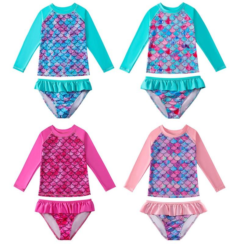 Girls' Two-Piece Split Swimsuit Sweet Long Sleeve Cartoon Fish Scale Print Pullover With Ruffle Briefs Swimwear Set Beach Wear