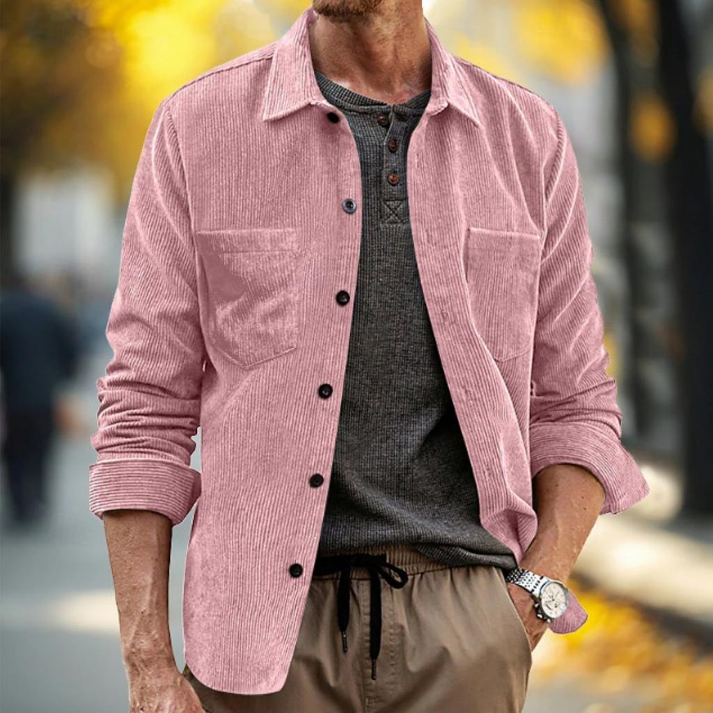 Men's Casual -color Corduroy Button Shirt, Men's Lapel Long-sleeved Trendy Loose Shirt