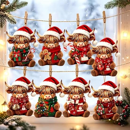 Animal Theme Holiday Gifts Highland Cow Christmas Ornament Set, 2D Flat Wooden Cute Gift Items Hanging Decor with String, Tree Party Decoration Rustic