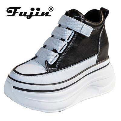 Fujin/женские весенние ботинки из натуральной коровьей кожи 10 см на скрытом каблуке, осенние ботильоны до середины икры, ботинки на платформе, туфли на танкетке, массивные кроссовки