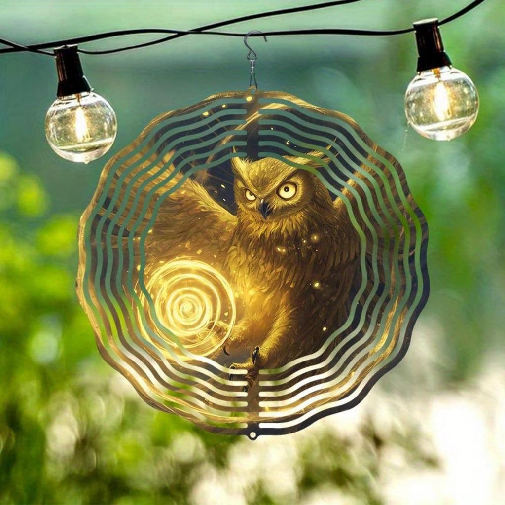 Golden Magic Owl Wind Chime 3D Visual Hanging Outdoor Bird Deterrent Rotating 360 Degree for Garden Patio Wedding Decor No Electricity