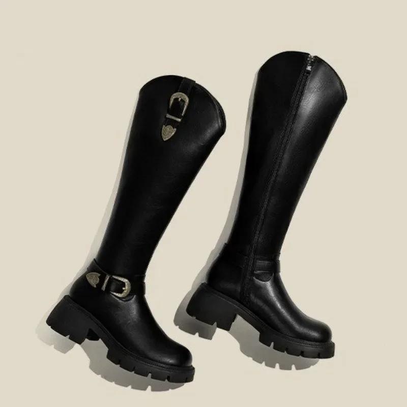 Распродажа модной женской обуви 2024 года, высококачественные женские ботинки с боковой молнией, осенне-зимние, с круглым носком, на высоком толстом каблуке, рыцарские сапоги