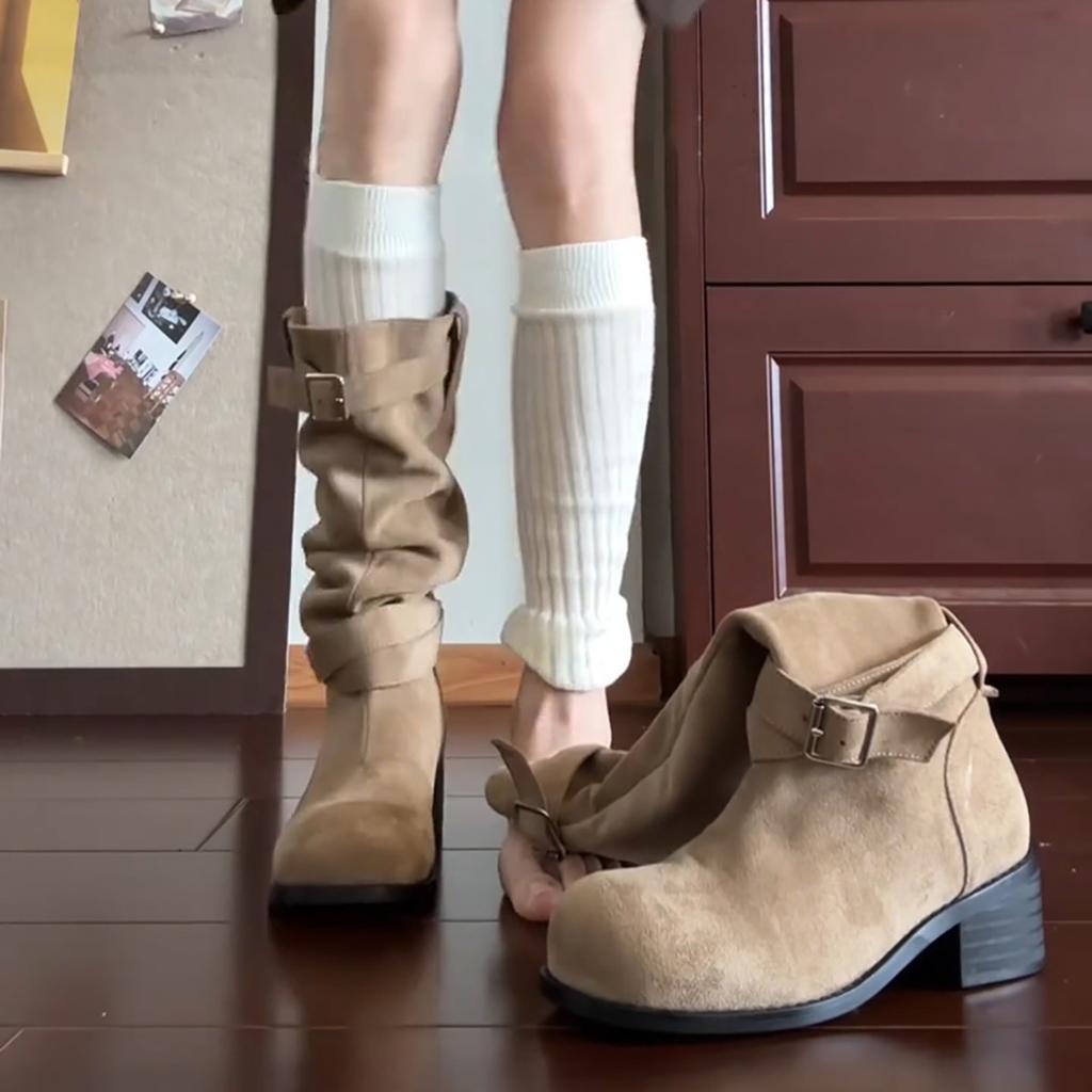 Женские ковбойские сапоги в западном стиле, сапоги с пряжкой на ремне до колена, сапоги-чулки, толстый каблук, узкий длинный голенище