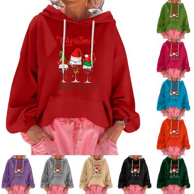 Женский рождественский принт, свободный повседневный худи с длинным рукавом и капюшоном