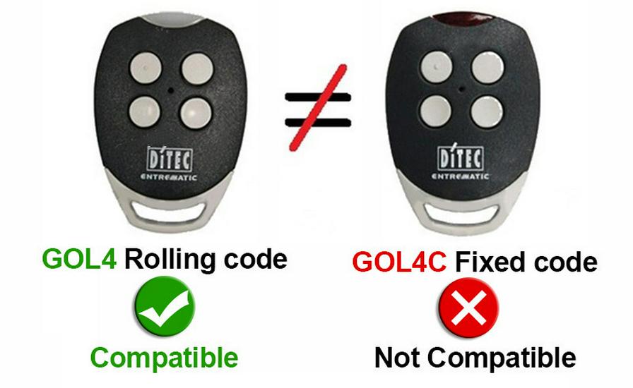 DITEC GOL4 BIXLG4 433.92MHz Remote Control for Garage Door with Rolling Code Security