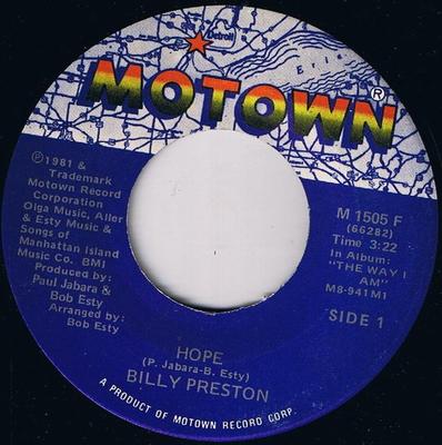 7-дюймовая пластинка BILLY PRESTON Hope M1505F MOTOWN 1981 US SoulFunk Б/у