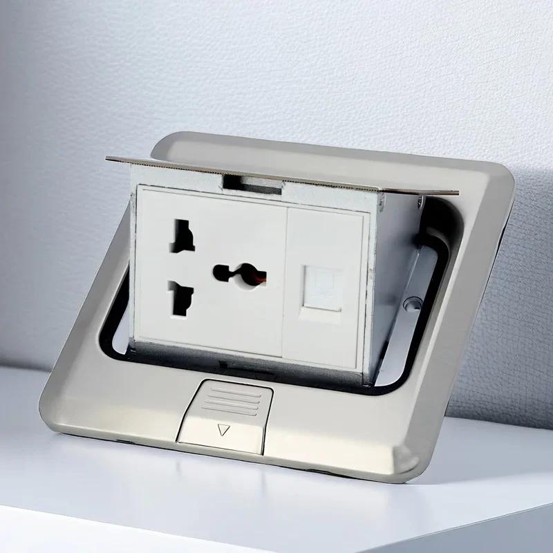Floor Electrical Outlet Pop Up Kitchen Countertop Waterproof Sockets Pop Out Receptacle Stainless Steel Box Golden Cover 15A