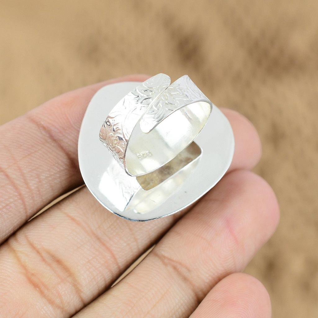 Natural Fossil Coral Promise Cresent Moon Adjustable Ring 925 Silver For Women