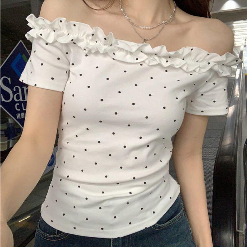 Summer New Style Pure Desire Design Ruffled Polka Dot Short-Sleeve T-Shirt for Women, Off-Shoulder Niche Slim-Fit Flattering Top