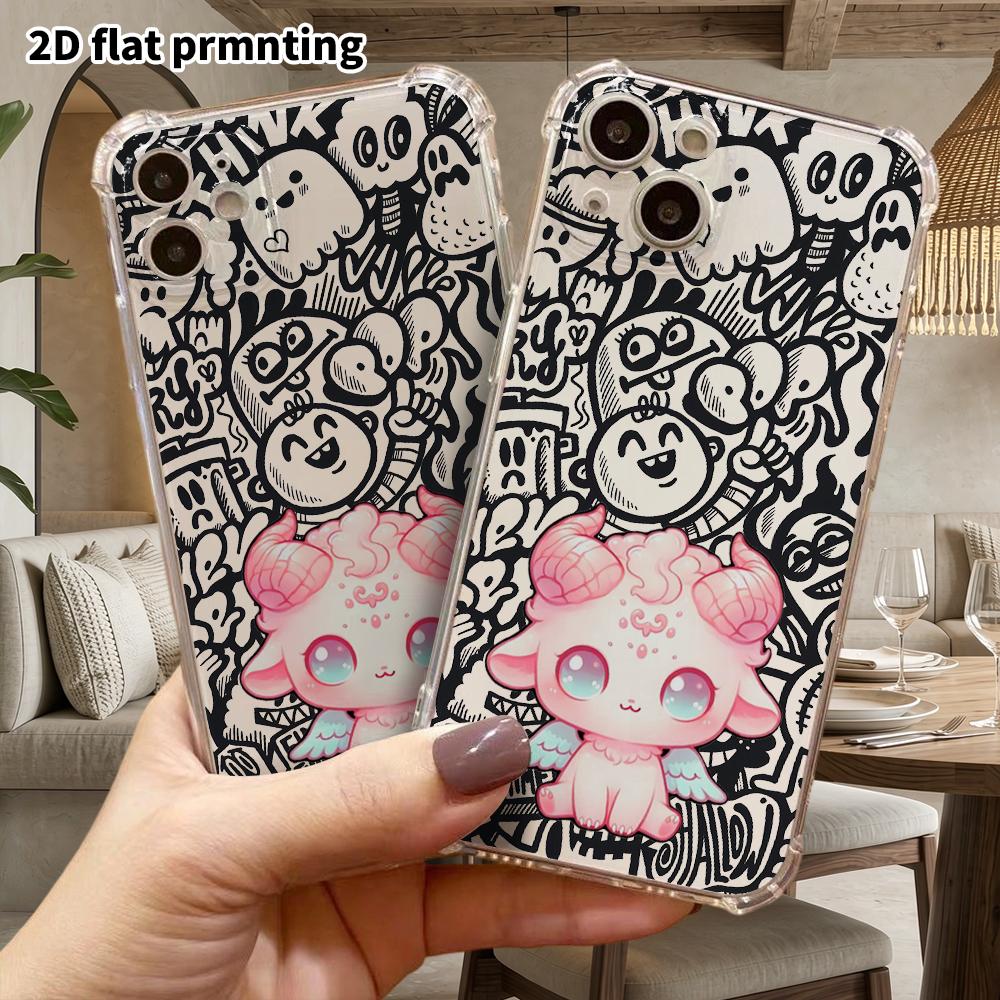 Phone Case: 2D flat suitable for iPhone 18 17 16 15 14 13 Pro, transparent four corner protective case, cute pink little sheep, Christmas and Hallowee