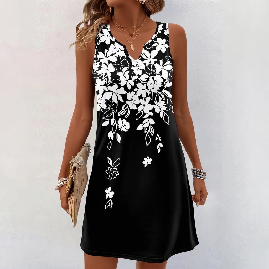Женские летние платья с V-образным вырезом и принтом без рукавов Сарафан Повседневное платье