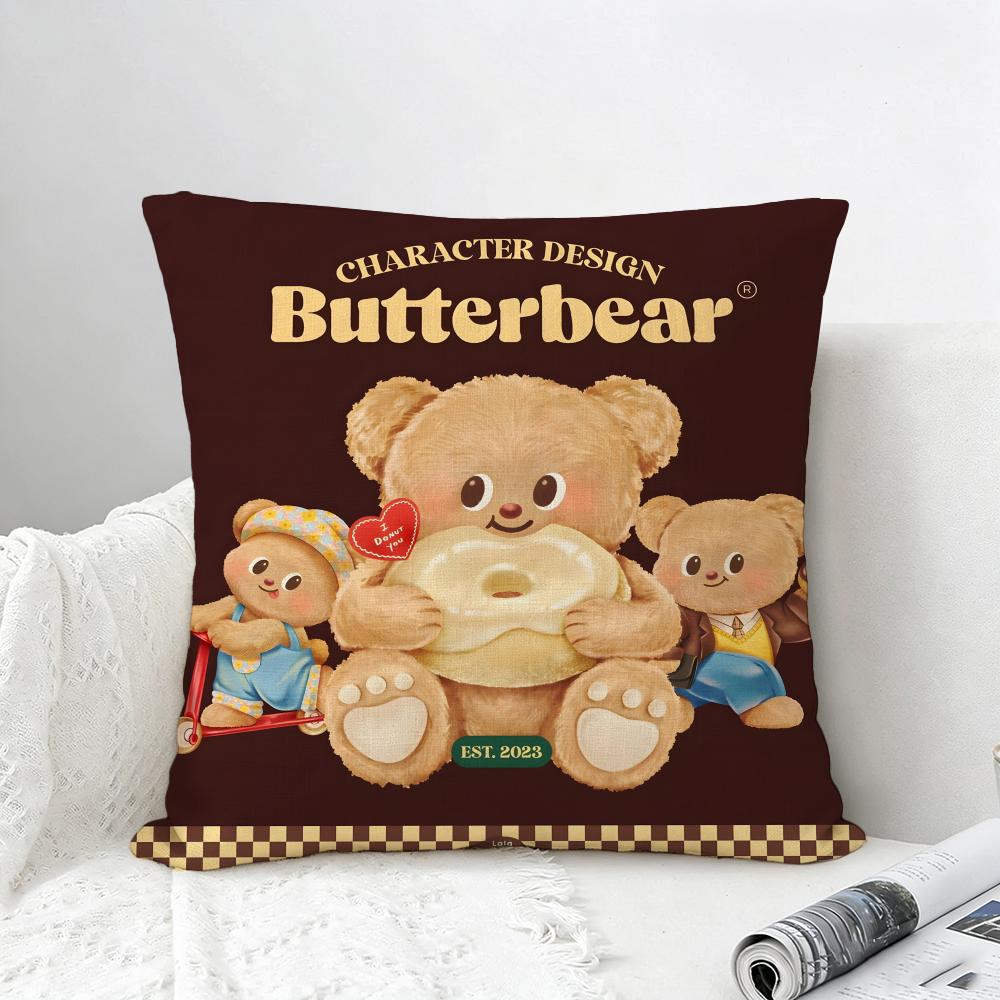 Character Butter Bear Cushion Cover Natural Linen Pillowcase Set AllinOne Decor for Sofa Bedroom  Chair