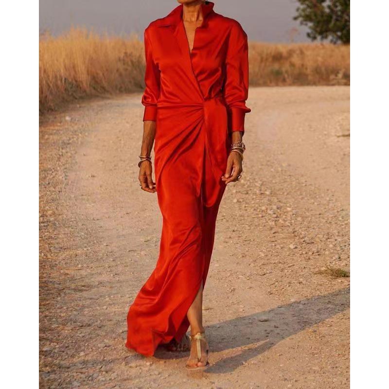 Осенние женские платья с завязками на высокой талии, разрезом, длинным рукавом и лацканами, сексуальные платья