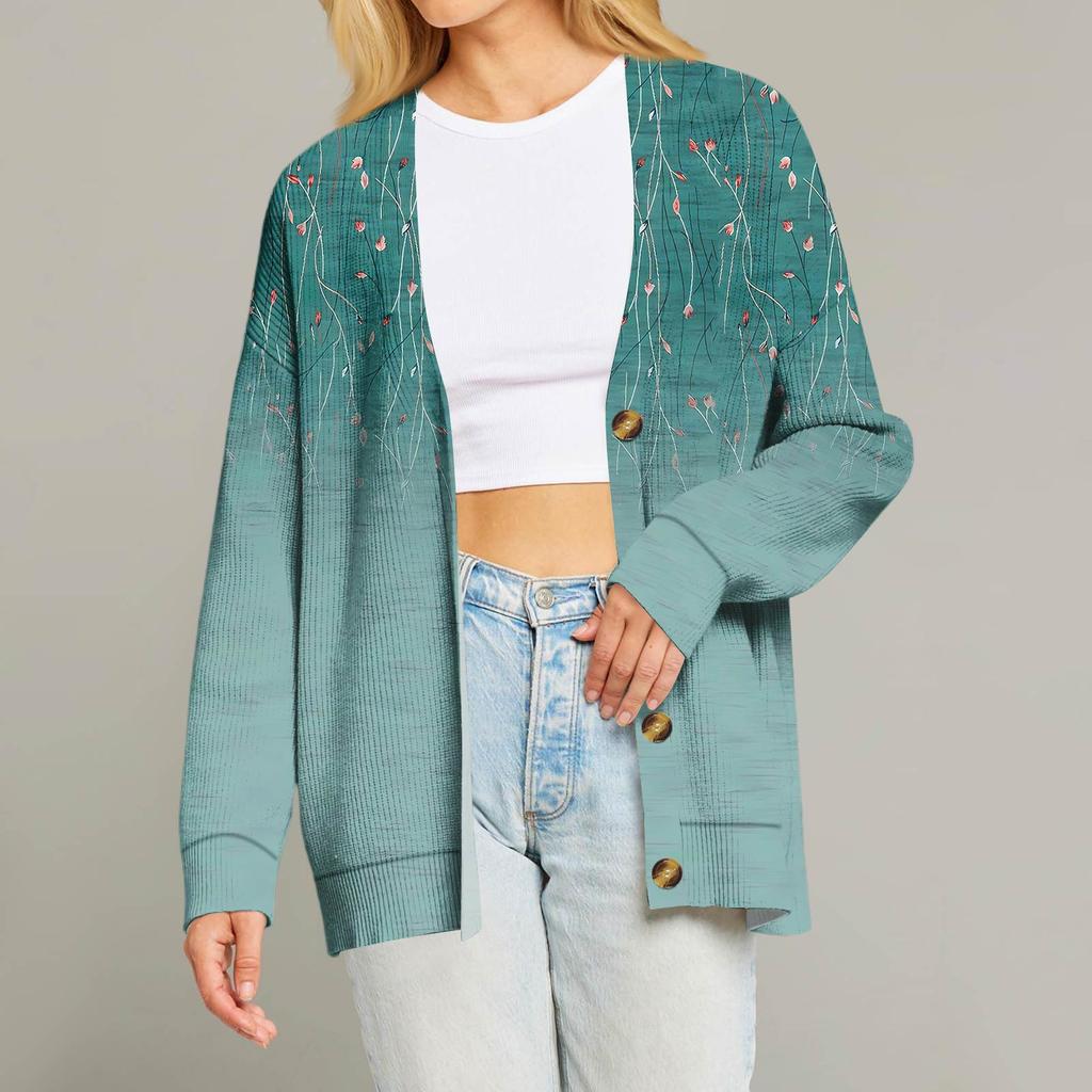 Women's Fashion Long Sleeve Print V-Neck Button Loose Cardigan Top