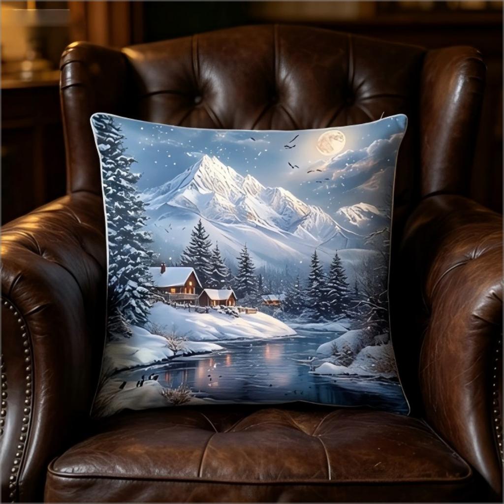 Winter Snow Mountain Cabin Print Throw Pillow Cover, Scenic Landscape Art Decorative Cushion Case For Sofa Bedroom