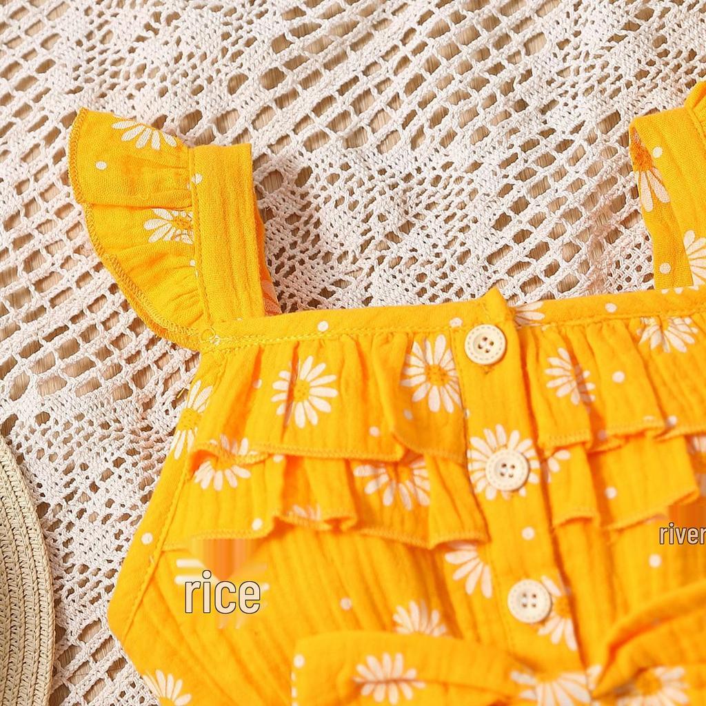 Летний комбинезон для девочек с принтом ромашек, рукавами-крылышками и отделкой бантом