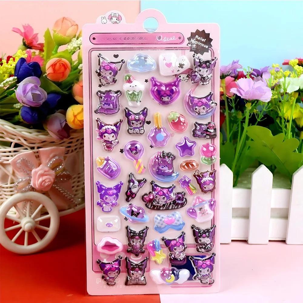 Светящиеся милые 3D рельефные наклейки Sanrio Кавайные для девочек Куроми Циннаморолл Моя Мелоди Хрустальные наклейки Наборы наклеек для детского декора