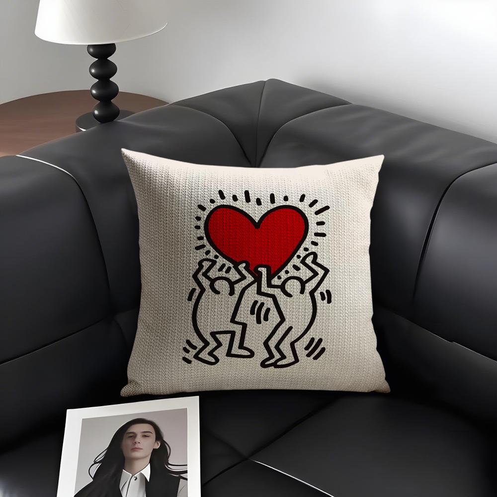 KKEITH HARING Logo Cushion Cover Natural Linen Organic Fabric DoubleSided Printing Sofa Home Decor Gift Pillow Case