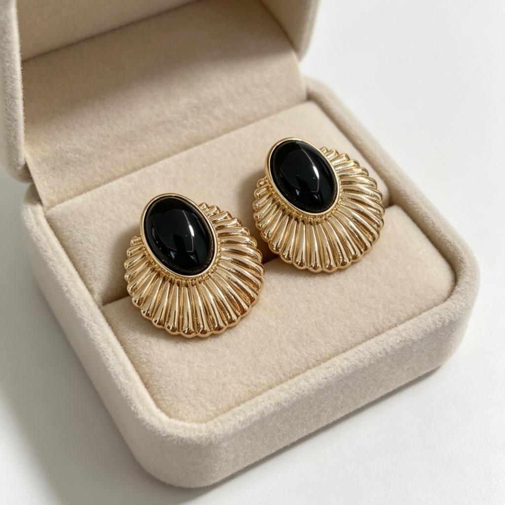Light Luxury Black Gold Color Black Oval Metal Texture Round Retro Temperament Women's Earrings