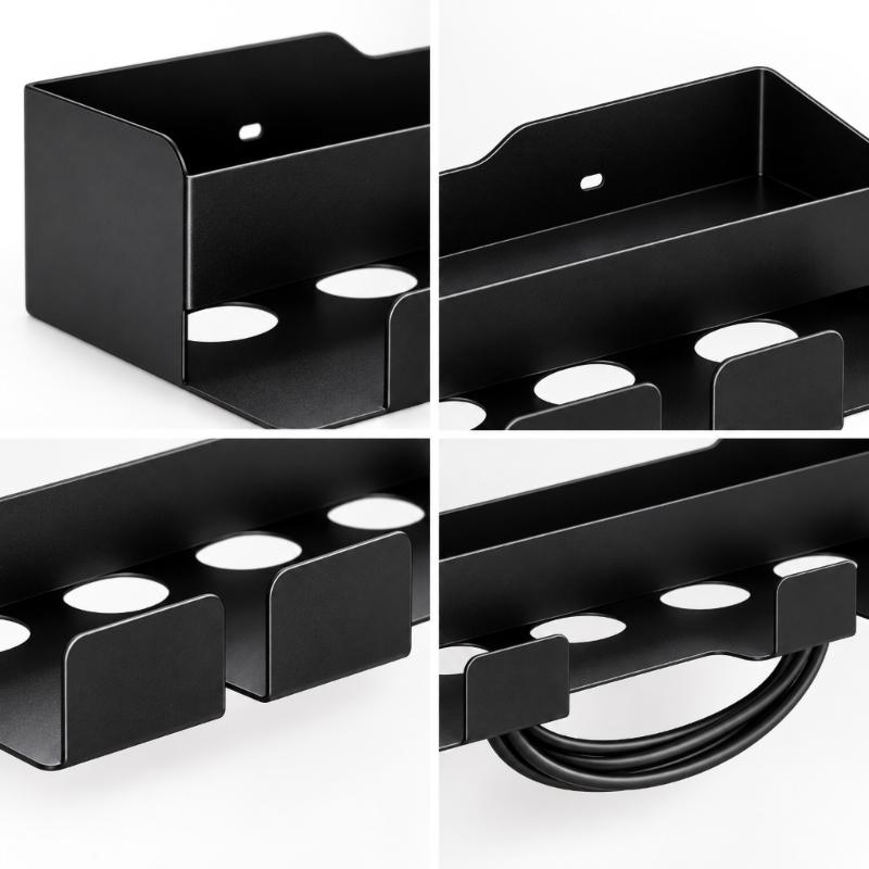 Adhesive-Mounted Hair Dryer and Curling Iron Holder with Open Wall Storage and Front Cord Retainers for Dressing Spaces