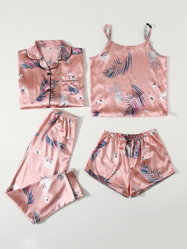 Женская домашняя одежда в европейском и американском стиле, комплект из 4 предметов: майка, шорты, длинные рукава, длинные брюки, пижамный комплект, модная одежда для отдыха с принтом