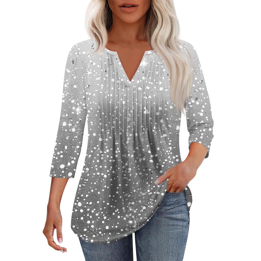 Women's Fashionable Casual Pleated V Neck Solid Color Seven Quarter Sleeve T-shirt Top