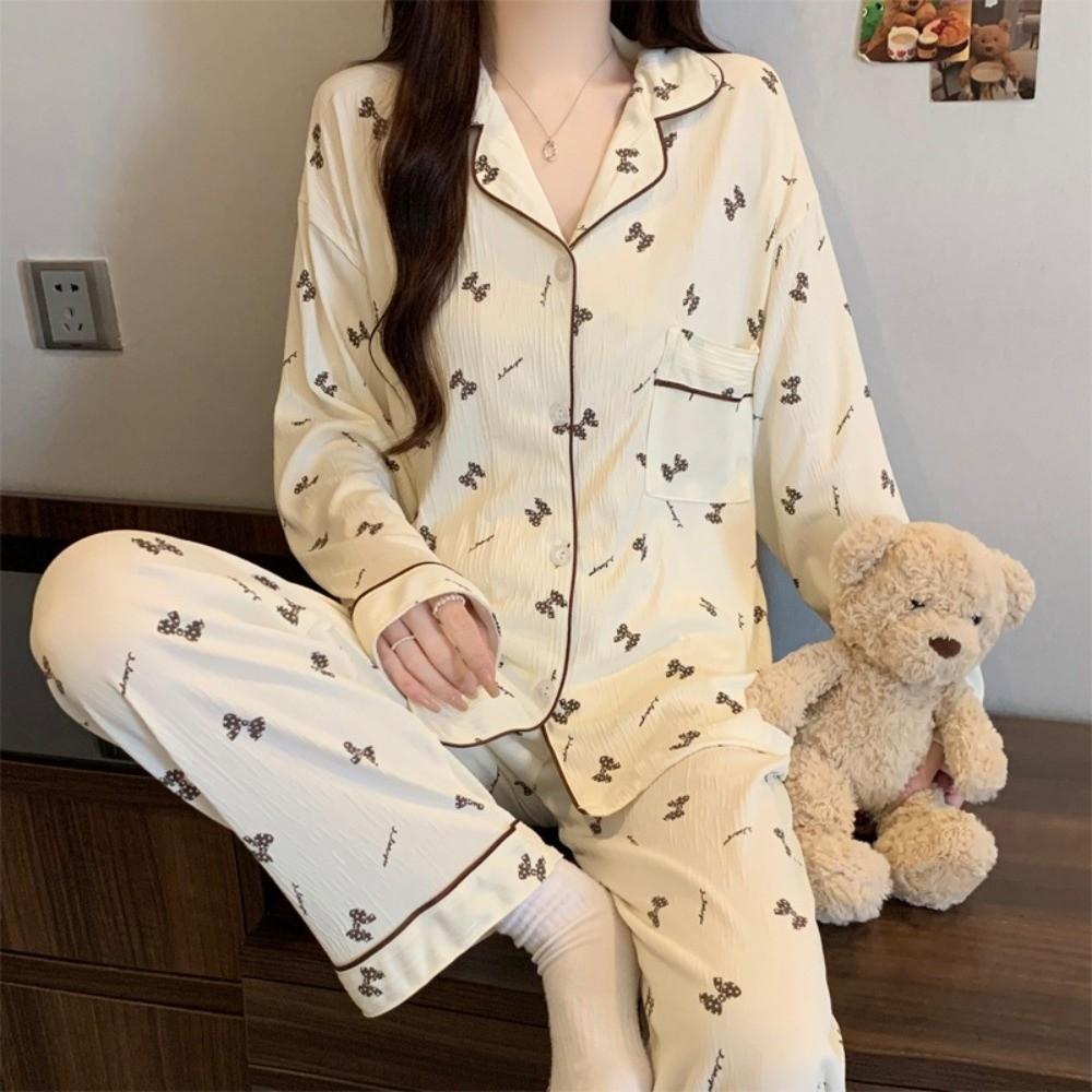 Bear Long Pajama Set Bow Lady Nightwear Suit Comfortable Women's Loungewear Female