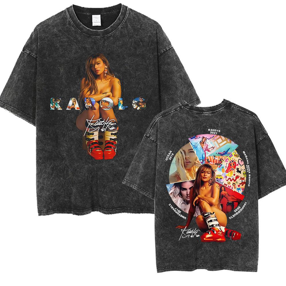 Vintage Karol G Tropicoqueta Tour 2025 Washed T Shirts Men Women Aesthetic Clothing Oversized Tshirt Harajuku High Quality Tees