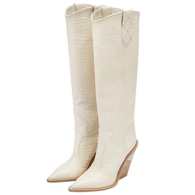 Европейская американская мода, новый показ мод, высокие сапоги с острым носком и текстурой дерева, сексуальные большие женские сапоги 2024 года