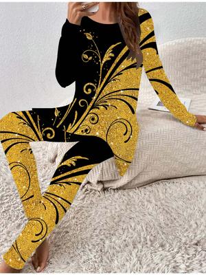 Евро-американская мода 3D принт листьев женская футболка с длинным рукавом на все сезоны + длинные брюки комплект из двух предметов. Идеальный подарок на Новый год и Рождество