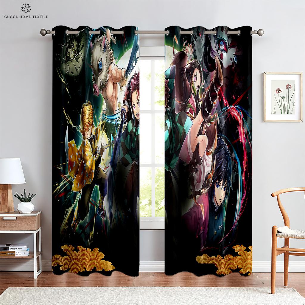 Hot-Blooded Anime Cartoon Printed Curtains, 100% Polyester, Rod Pocket Curtains, Kitchen, Living Room, Children's Room, 2 Pcs