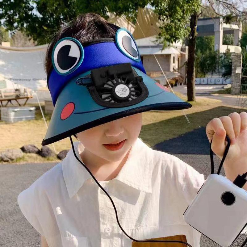 Новая летняя детская шляпа от солнца Перезаряжаемый детский вентилятор Лягушка Большая широкая поля Защита от солнца и дышащая Модная шляпа-цилиндр